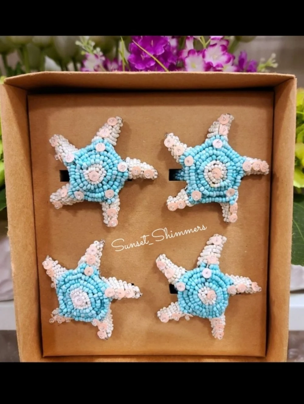 x4 Coastal Collection Starfish Sealife Beaded Napkin Rings Set New